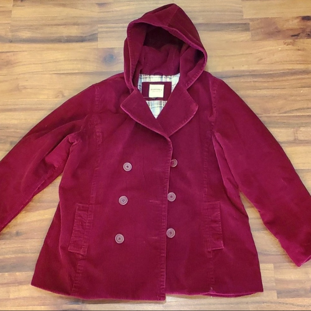 VINTAGE SONOMA QUILTED CORDUROY HOODED COAT JACKET RED OXBLOOD